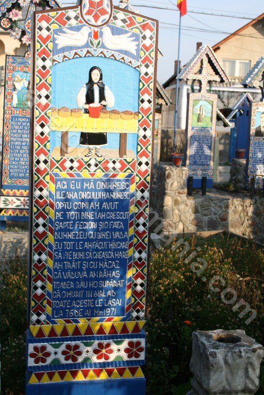 Painted wooden cross at The Merry Cemetery in Sapanta